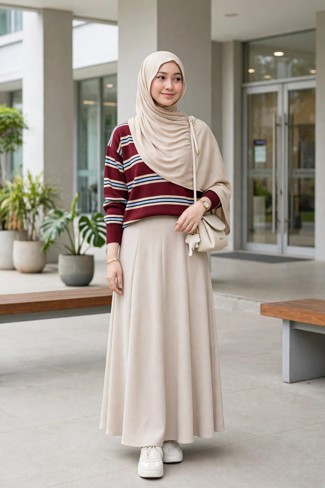 Outfit Hijab Kerja & Kuliah dalam Satu Set: Blouse Knit, Rok Maxi, Tas Serut, dan Pashmina Tencel — Mulai Rp300 Ribuan
