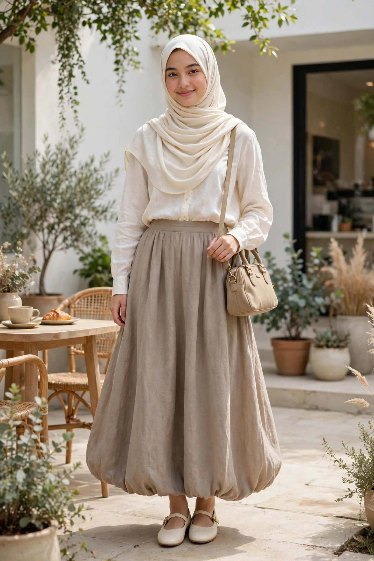 Outfit Hijab Korean Look dalam Satu Set: Blouse Linen, Balloon Skirt, Pashmina Viscose, Tas Boston, dan Mary Jane — Total Mulai Rp957 Ribuan