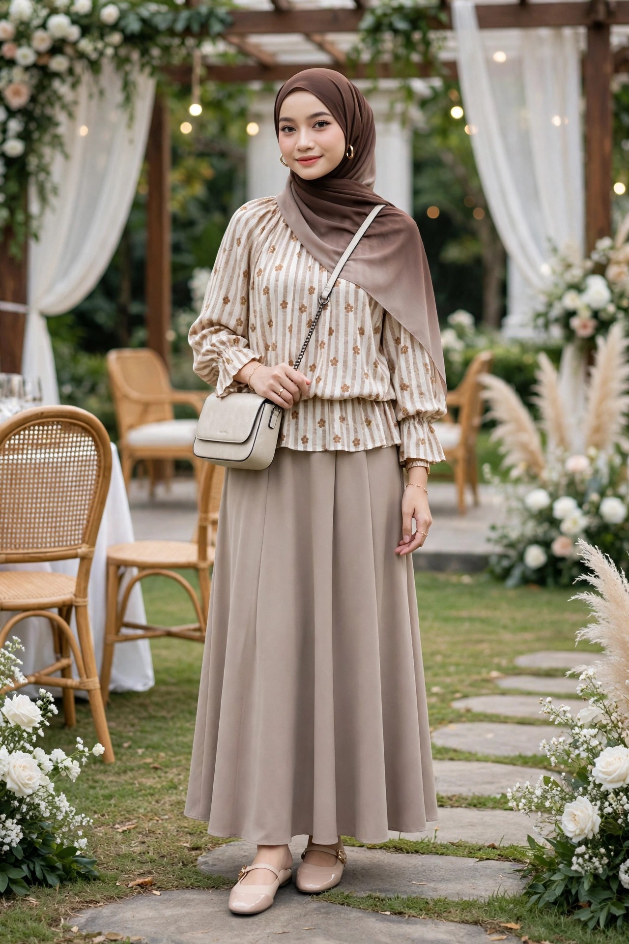 Outfit Kondangan Hijab dalam Satu Set: Blouse Kerut, Rok Maxi, Pashmina Gradasi, Tas Mini, dan Mules — Total Mulai Rp687 Ribuan